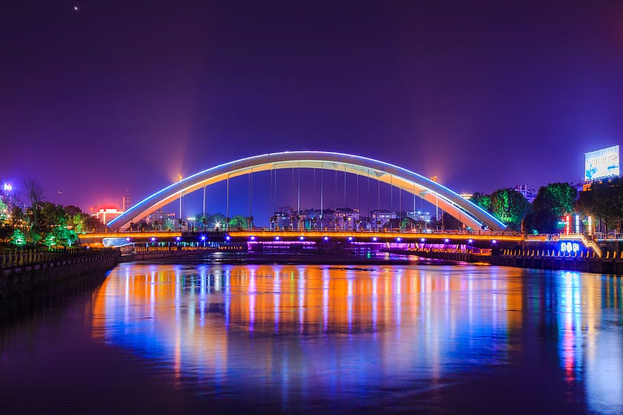bridge, night view, light, river, city, architecture, water HD wallpaper