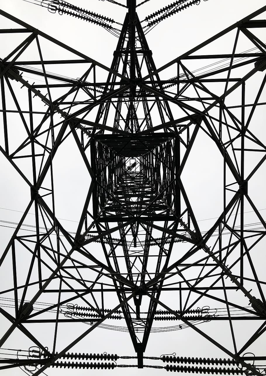 black and white, transmission tower, power tower, electricity pylon, HD wallpaper