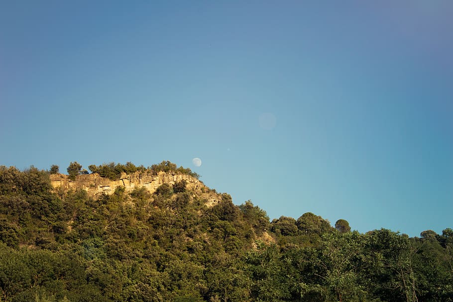 sun, moon, mountain, tree, sky, blue, plant, beauty in nature HD wallpaper