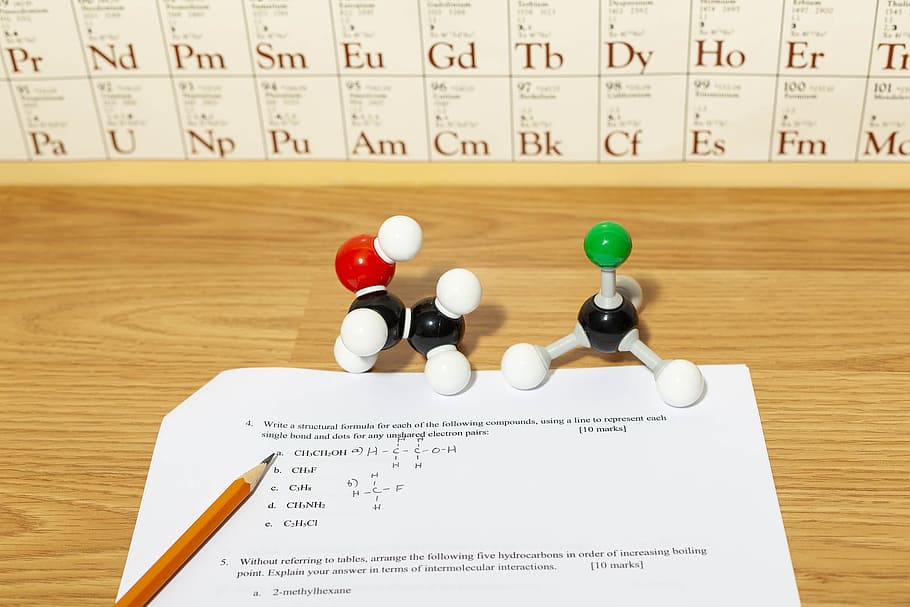 Organic chemistry quiz with pencil and chemical structures., chemicals, HD wallpaper