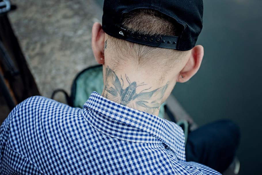 Man With Insect Tattoo On Neck, adult, guy, hat, male, person