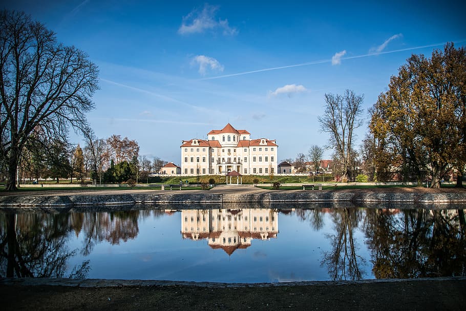reflection, autumn, castle, water, trees, heaven, atmosphere HD wallpaper