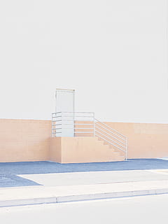 white stair, handrail, banister, building, door, indoors, interior design HD wallpaper