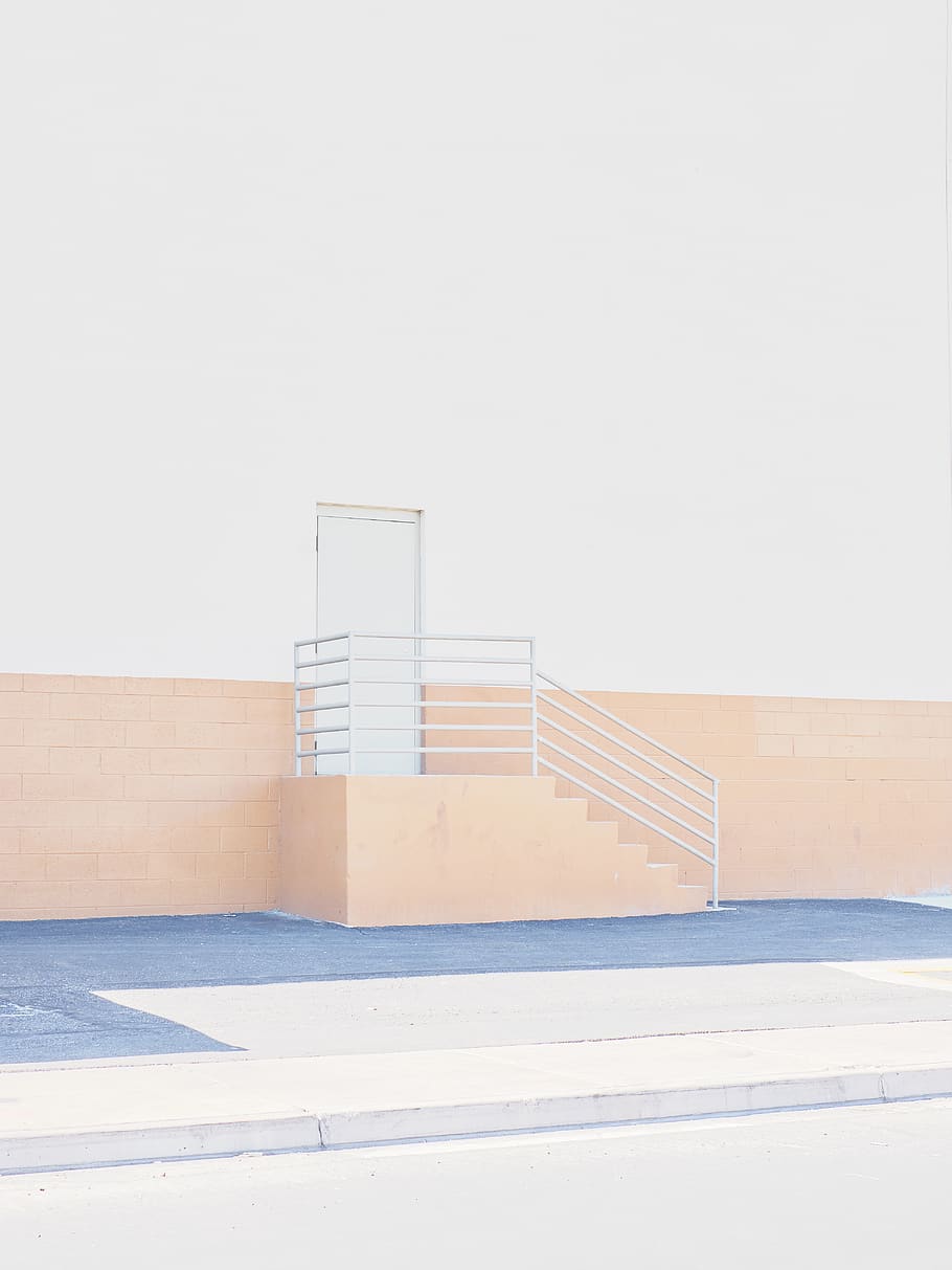 white stair, handrail, banister, building, door, indoors, interior design HD wallpaper