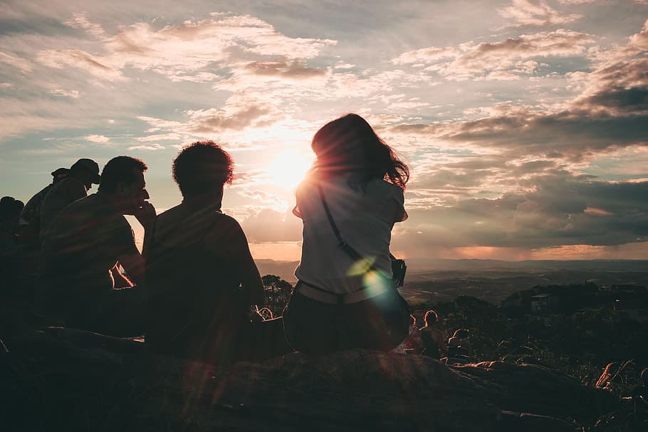 Hd Wallpaper Group Of People Sitting On Hill Adventure Backlit