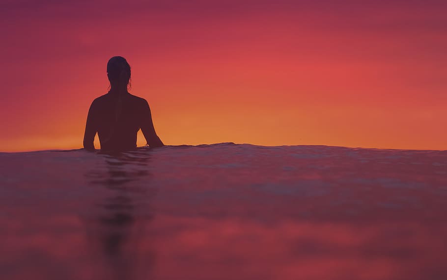sea, ocean, water, sky, sunset, nature, silhouette, people HD wallpaper