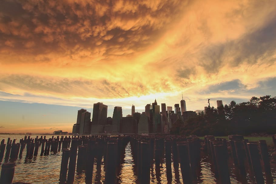 summer, wide angle, river, skyline, sun, stormy, brooklyn bridge park HD wallpaper