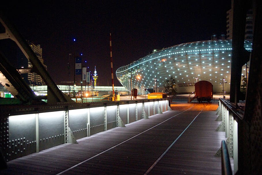 background, port, railway, midnight, bridge, citylights, architecture HD wallpaper