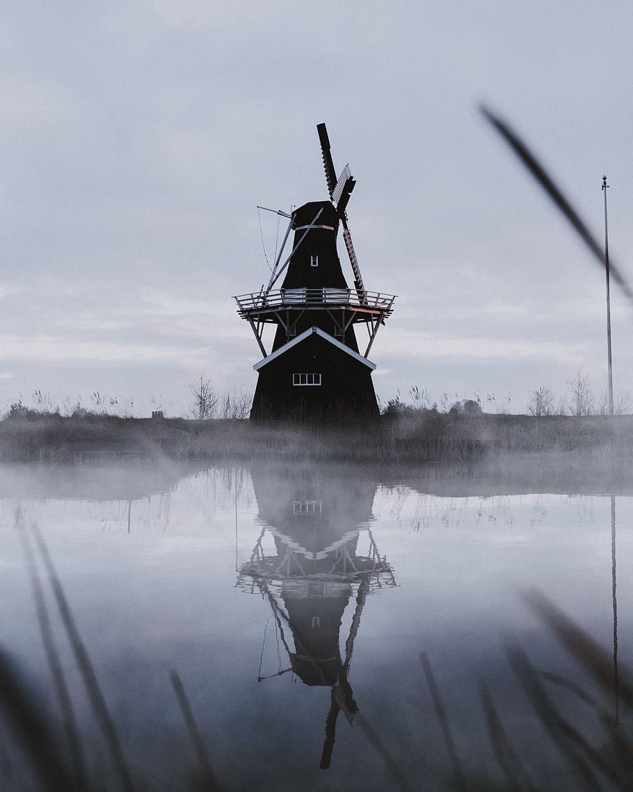 windmill across lake, motor, engine, machine, turbine, netherlands HD wallpaper