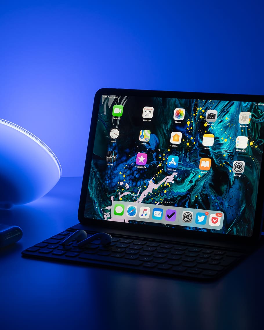 black MacBook turned on, technology, wireless technology, communication HD wallpaper