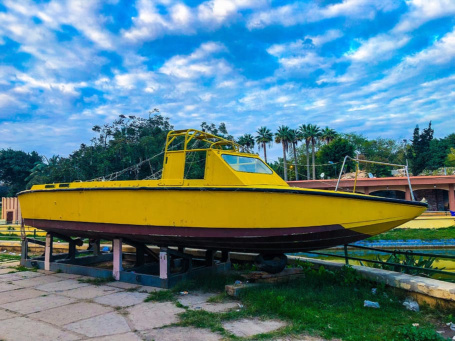 boat, sky, clouds, tree, yellow, mode of transportation, cloud - sky HD wallpaper