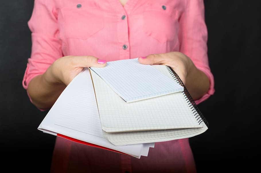 Woman Holding Three Notebooks, adult, advertisement, blank, book bindings, HD wallpaper