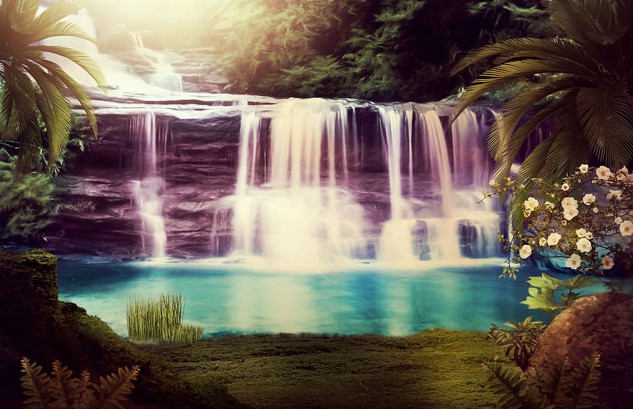 Hd Wallpaper Fantasy Waterfall Rock Trees Lake Palm Trees Stones