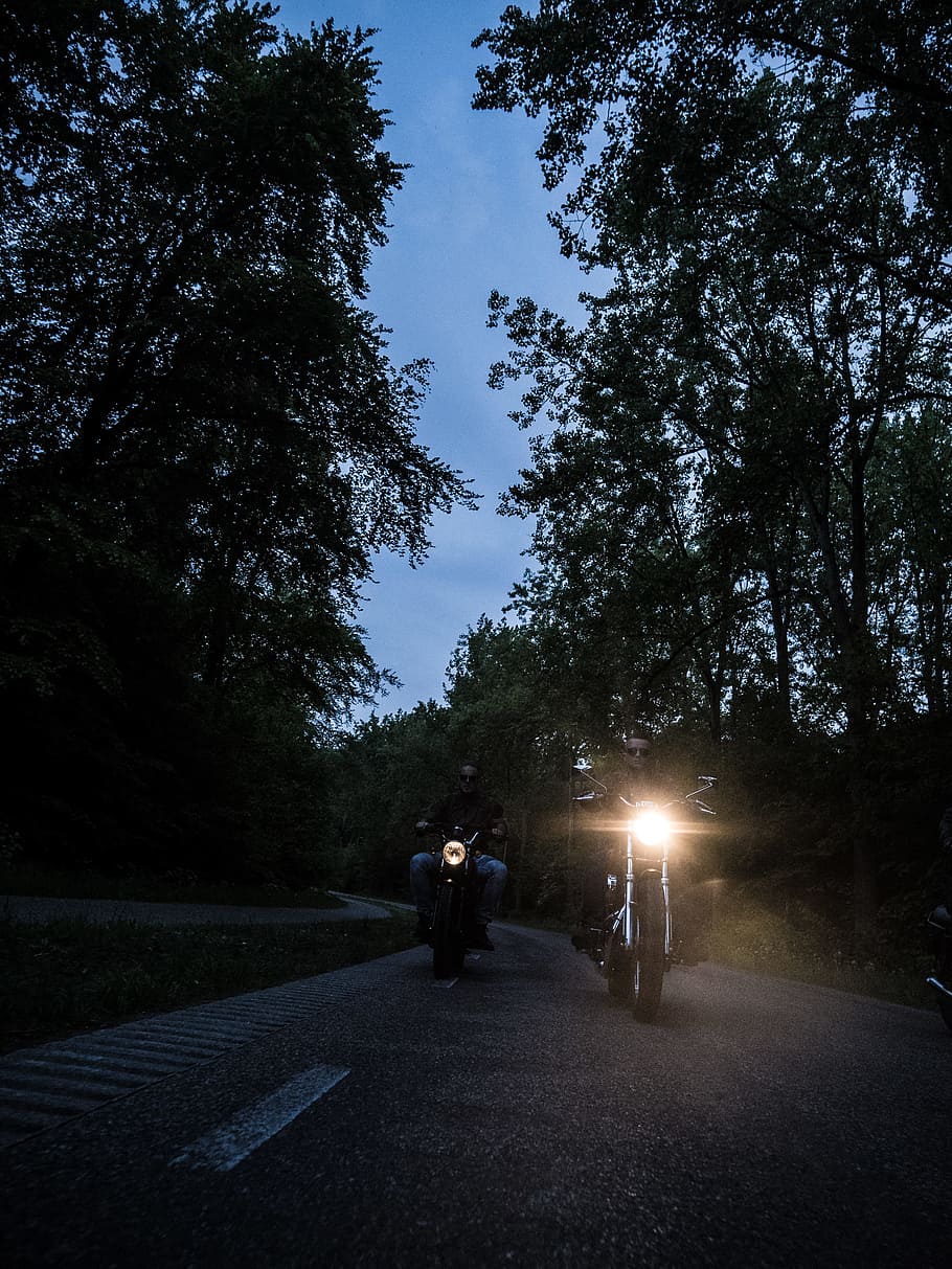 Two Men Riding Motorcycle on Road during Nighttime, bikers, clouds HD wallpaper