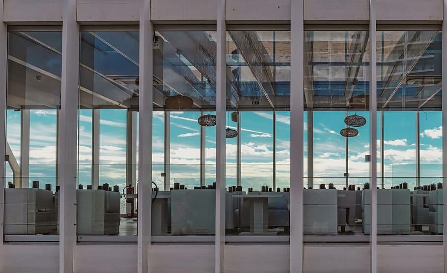 windows, restaurant, sky, glass, table, reflection, blue, glass - material HD wallpaper