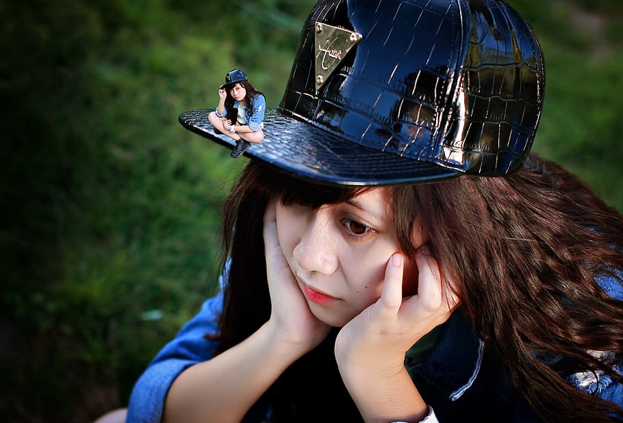 Woman With Two Hands Resting on Face, adolescent, black, cap HD wallpaper