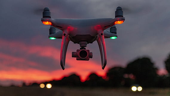 drone, dji, sky, landscape, flying, red, sunset, mid-air, motion HD wallpaper