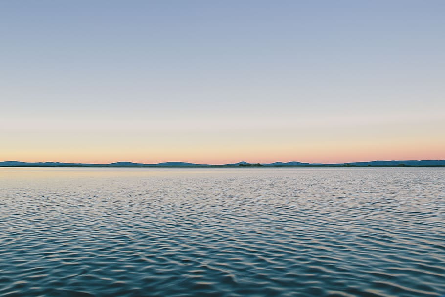 blue, sky, sunset, lake, water, ripples, outdoors, mountains HD wallpaper