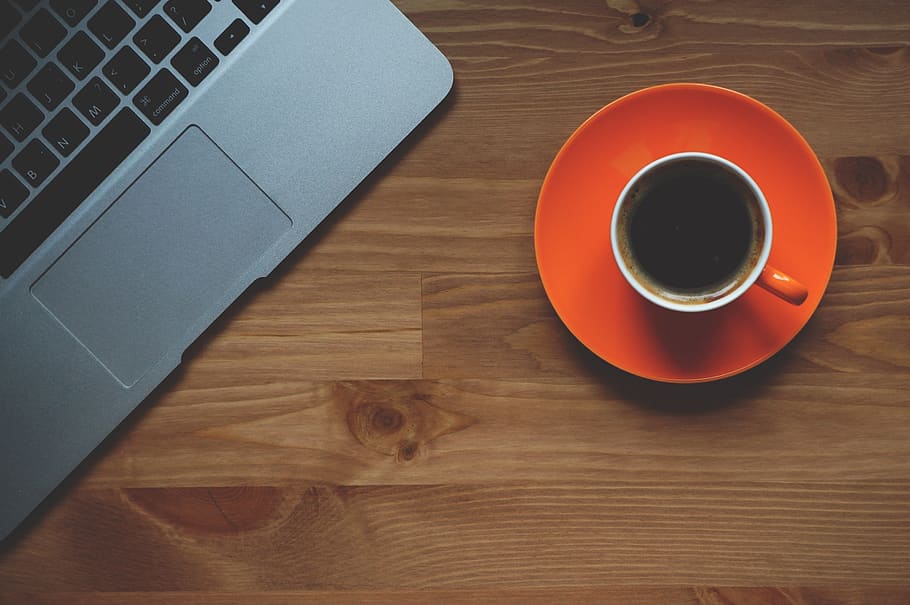 Black Coffee Filled in White Ceramic Mug on Orange Plate, caffeine HD wallpaper