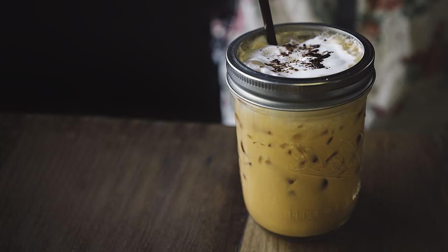 photo of mason jar with straw, drink, beverage, coffee, juice