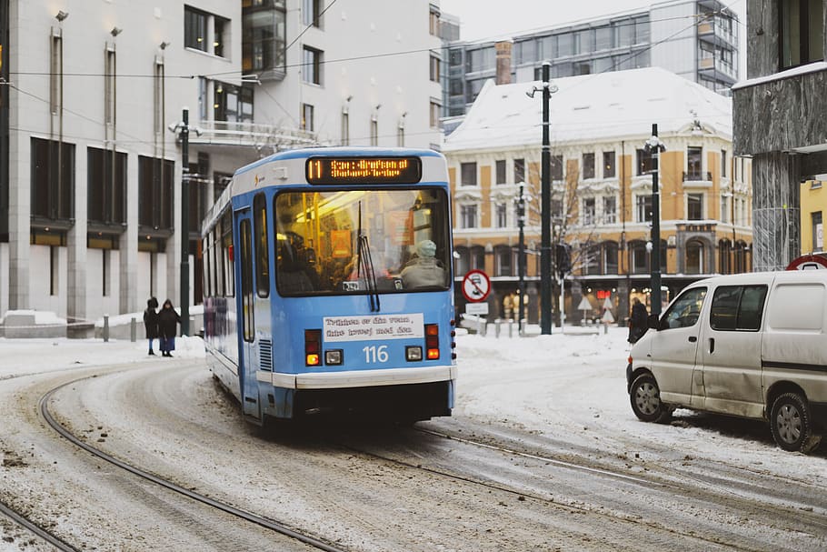 blue bus passing through building, vehicle, transportation, person HD wallpaper