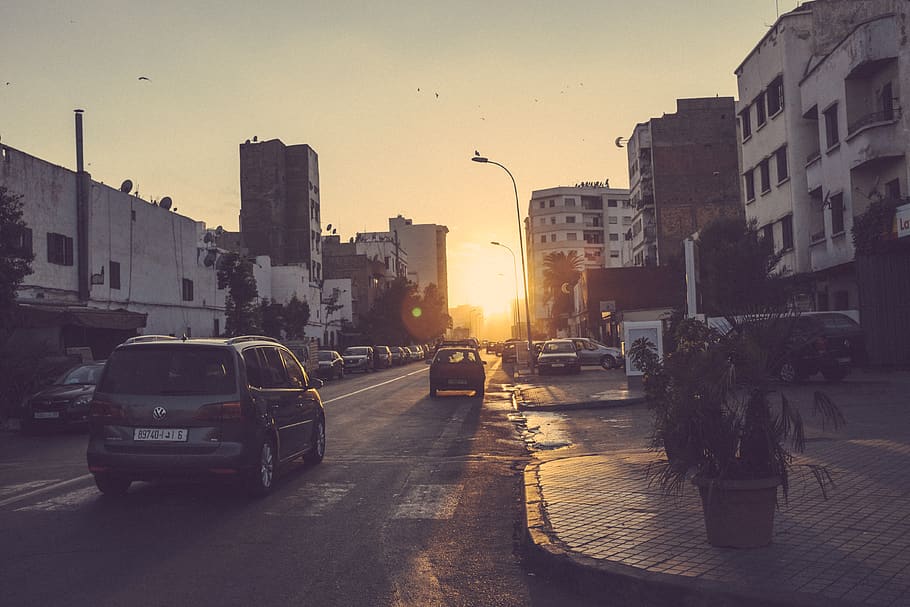 casablanca, morocco, urban, sunset, morroco, car, city, street, HD wallpaper