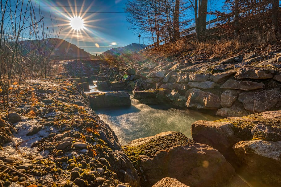 long exposure, sun, sunset, landscape, sky, water, abendstimmung HD wallpaper