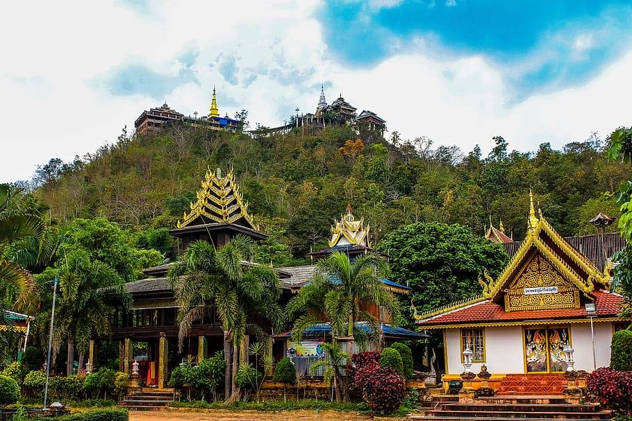 White and Orange Pagoda Near the Mountain, ancient, architecture HD wallpaper