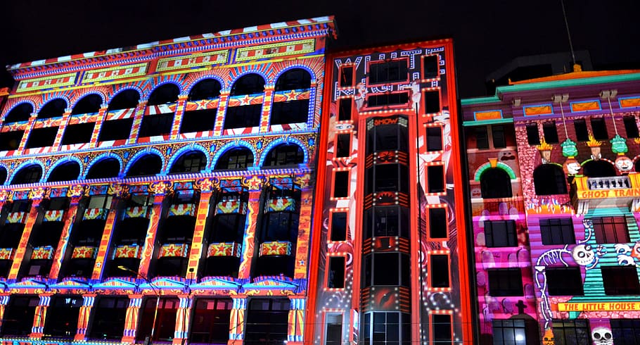 lights, night, melbourne, architecture, building exterior, low angle view HD wallpaper