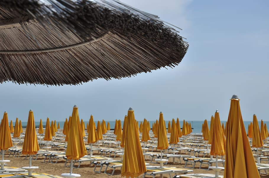 yellow beach umbrellas, no people, nature, parasol, sky, day HD wallpaper