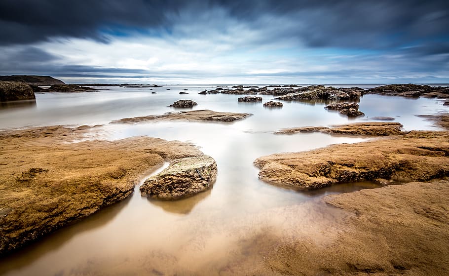 Vignette Photo of Rocks and Body of Water, beach, blue, clouds HD wallpaper