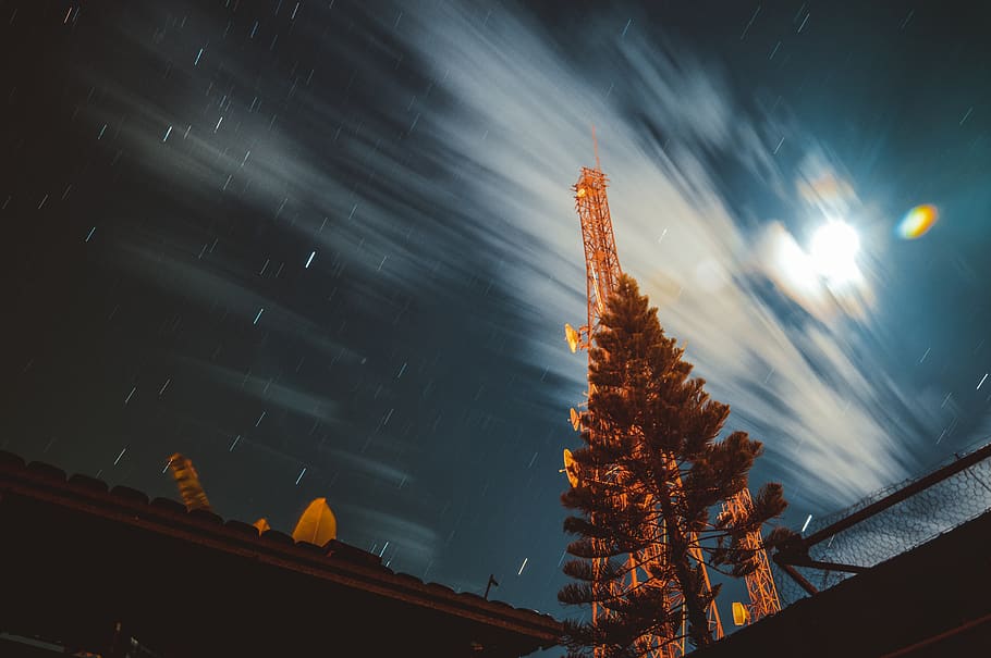 stars, galaxy, sky, night, evening, dark, lights, tree, tower HD wallpaper