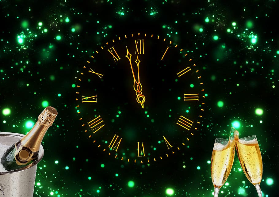 clock, champagne, new year's day, new year's eve, new year greeting, HD wallpaper