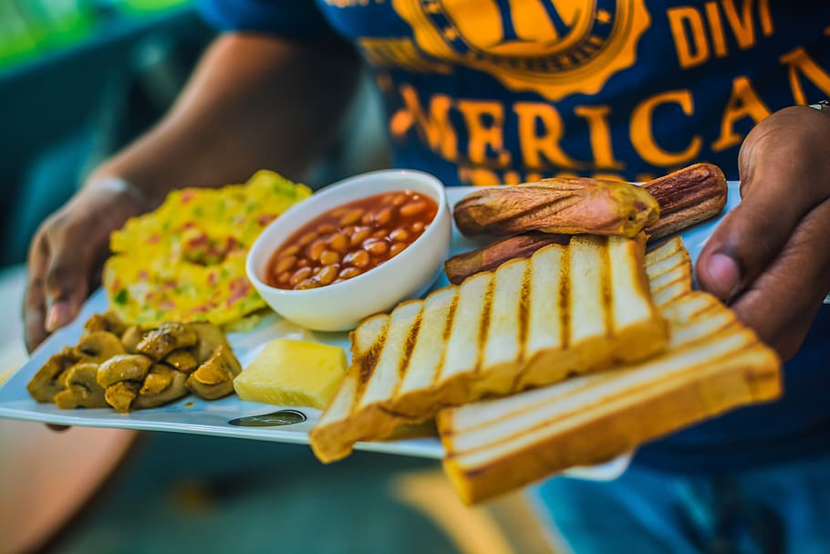 Person Carrying English Breakfast on White Tray, beans, breads HD wallpaper
