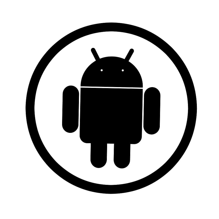 Black and white icon of Android logo, posts, system, emblem, classic