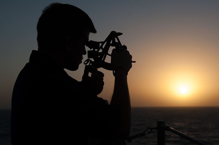 sailor, shadow, sextant, instrument, outdoors, sunset, evening HD wallpaper