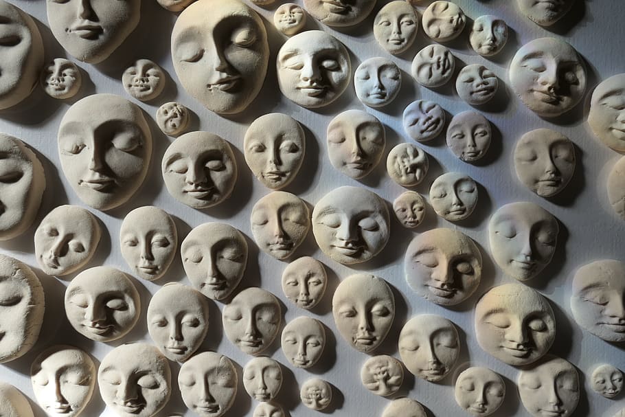 embossed face wall decor, large group of objects, no people, full frame HD wallpaper