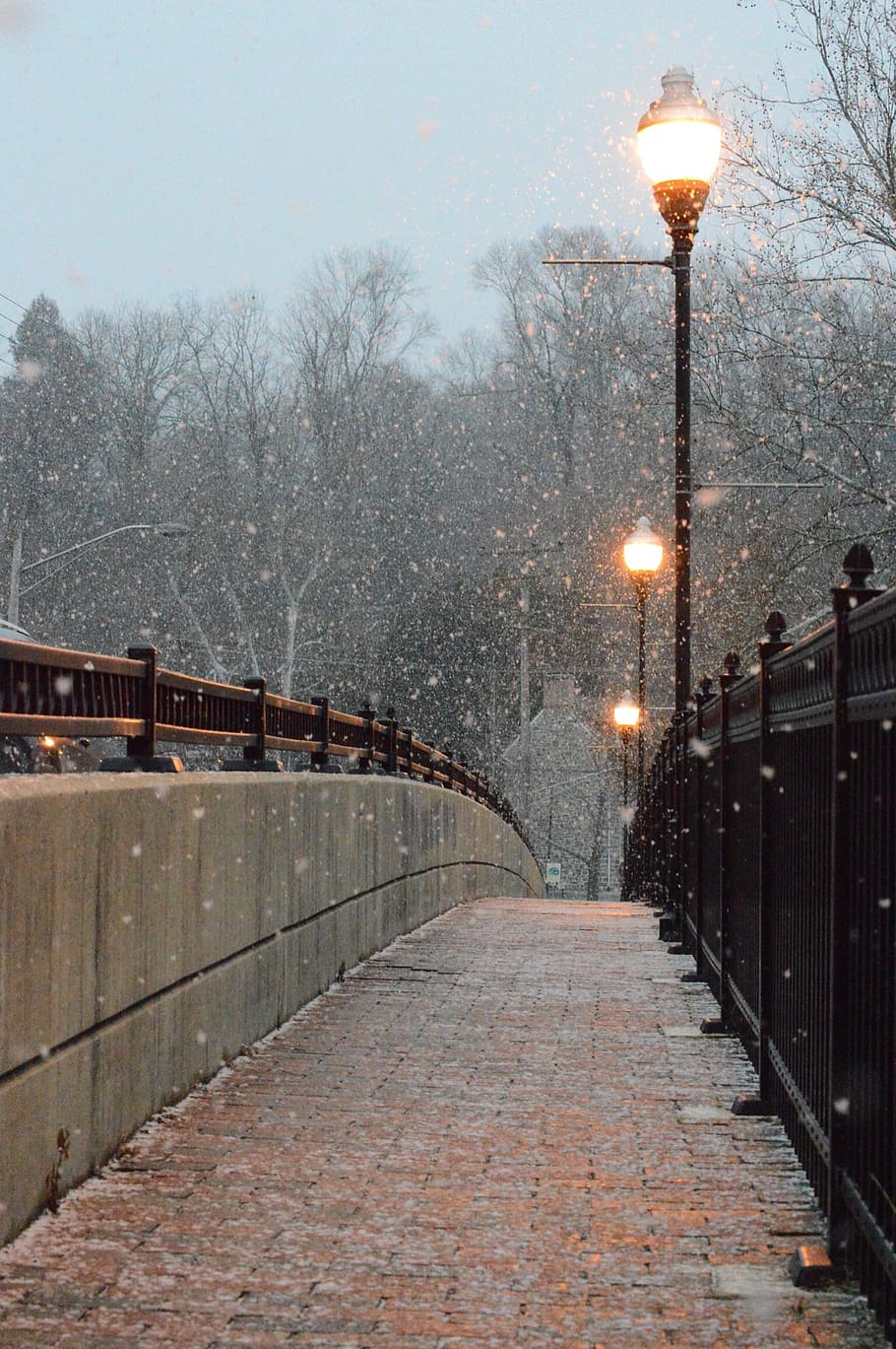 path, way, bridge, park, winter, snwo, falling, season, cold HD wallpaper