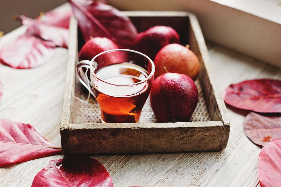 clear glass tea cup in brown wooden tray, fruit, red, bokeh, blur HD wallpaper