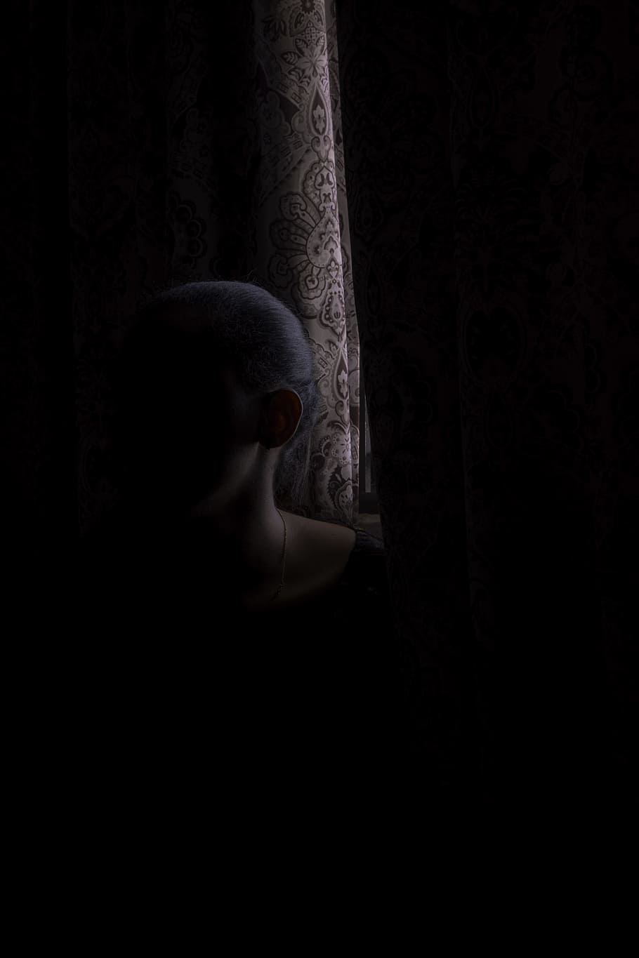 woman beside brown window curtain, light, pattern, dark, shadow HD wallpaper