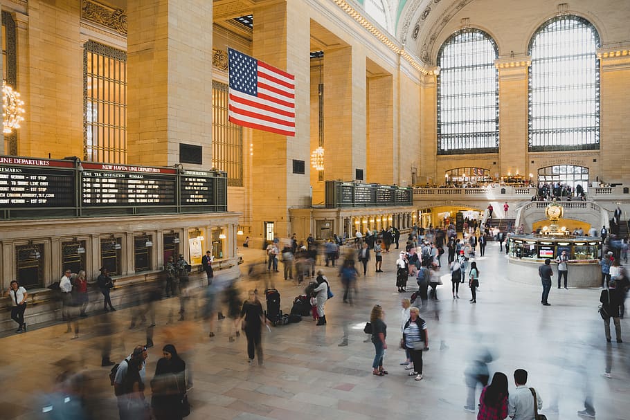People in Train Station during Day, American flag, architecture HD wallpaper