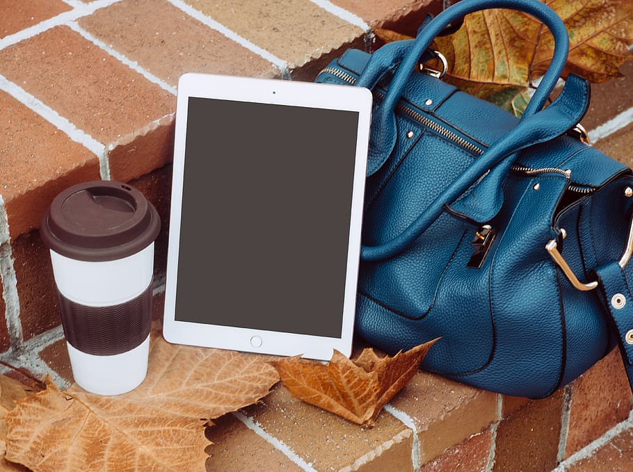 White Ipad Besides Blue 2-way Leather Bag, autumn, beverage, brown, HD wallpaper