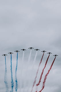 nine plane doing air show, sky, fly, color, blue, red, cloudy HD wallpaper