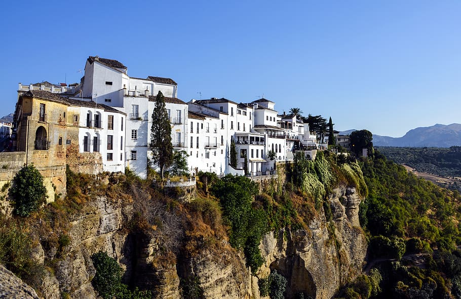 White and Brown Houses on Rocky Hill Across Woods, ancient, architecture HD wallpaper