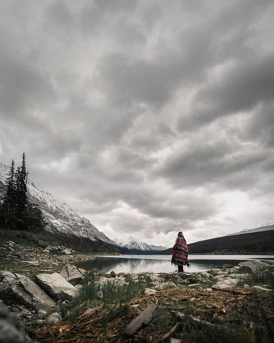 Person Standing Near Body of Water, clouds, dark clouds, lake HD wallpaper