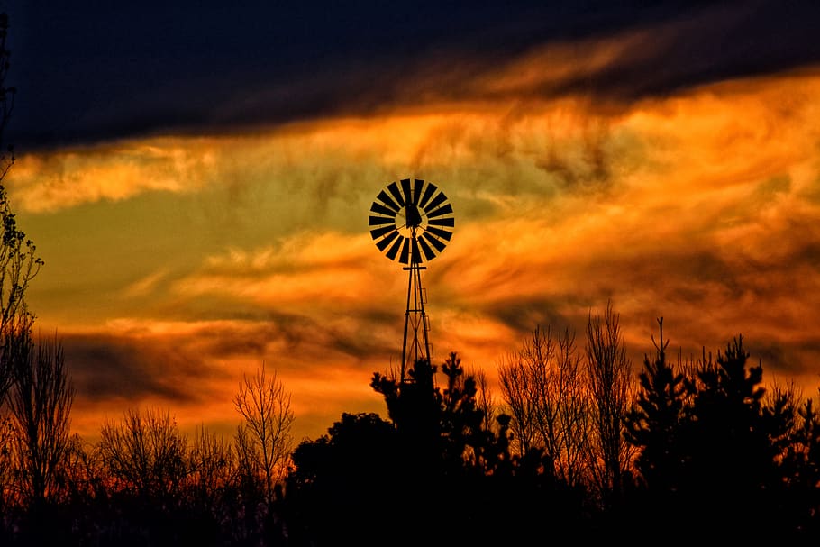 sunset, mill, field, silhouette, landscape, sky, nature, clouds HD wallpaper