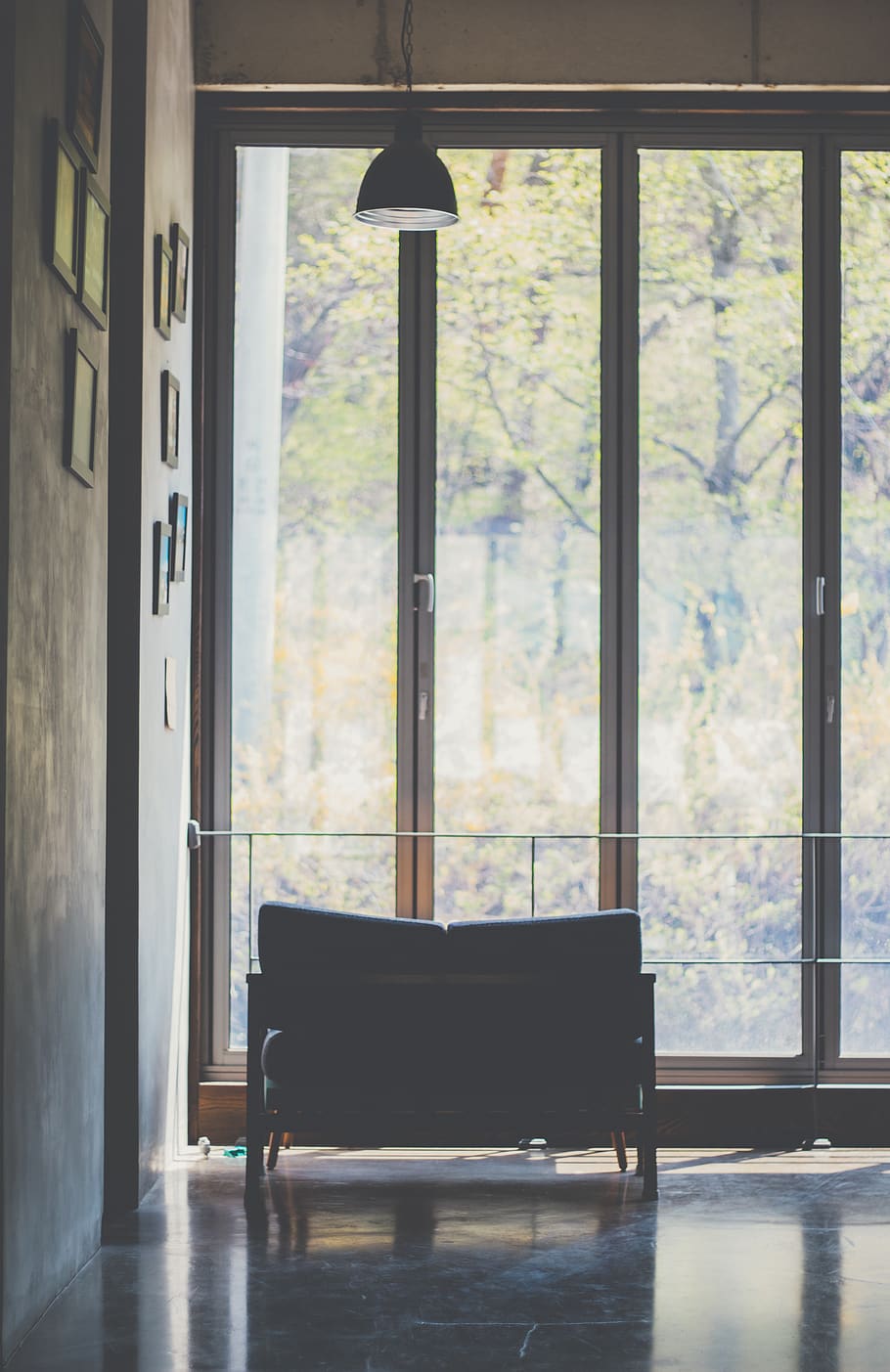 black 2-seat sofa, window, anyang, south korea, anyang arts park HD wallpaper