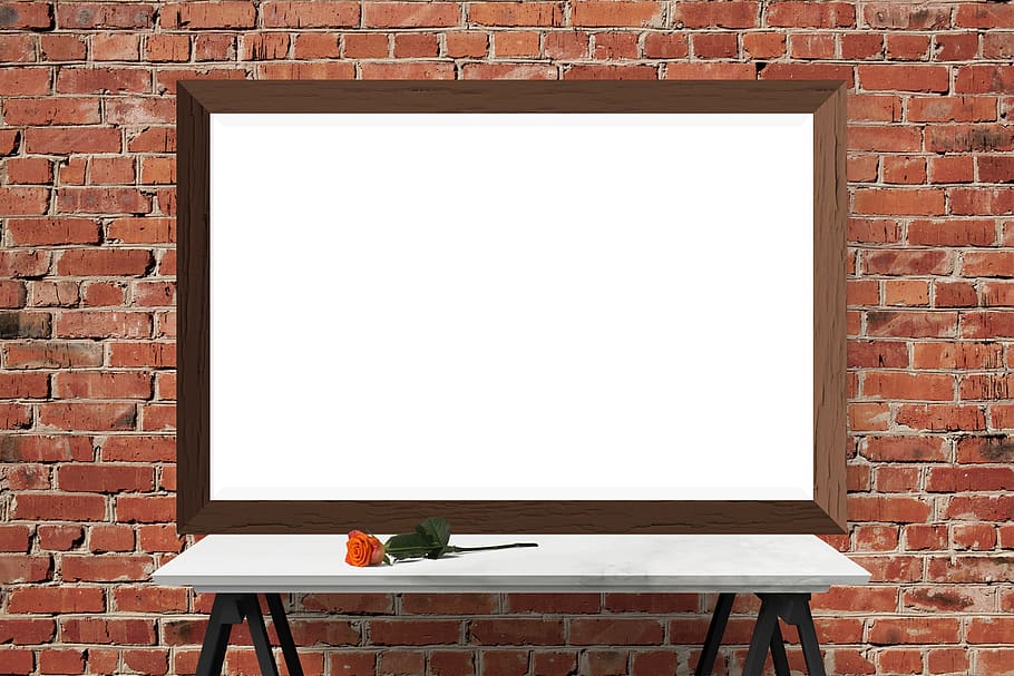 poster, frame, wall, desk, flower, brick, brick wall, blank HD wallpaper