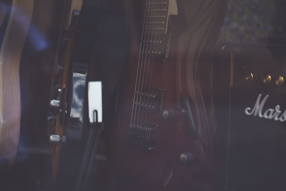 red electric guitar, musical instrument, leisure activities, indoors HD wallpaper
