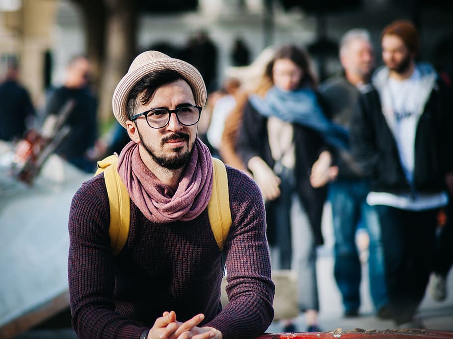 man wearing brown fedora hat, young adult, glasses, young men HD wallpaper